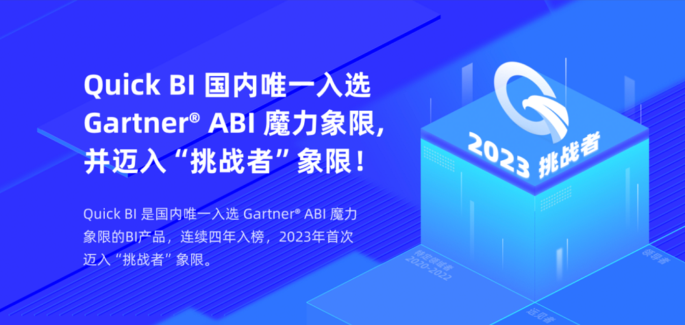 Quick BI連續(xù)4年且國內(nèi)唯一入選Gartner ABI魔力象限，并成功躍升至挑戰(zhàn)者象限
